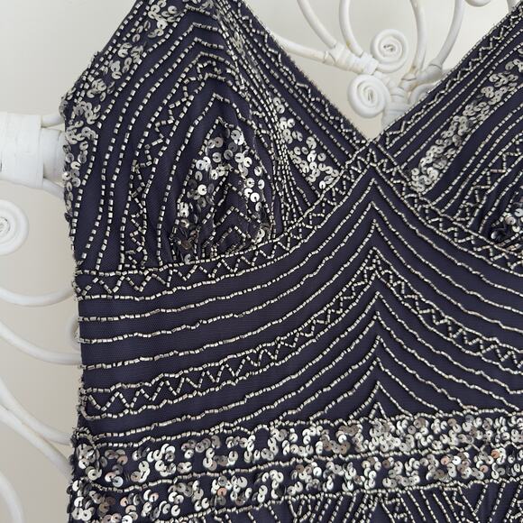 Marina Dress 12 Navy Sequin Rhinestone Maxi Floor Length Glam Gatsby Prom Gown - Picture 5 of 10